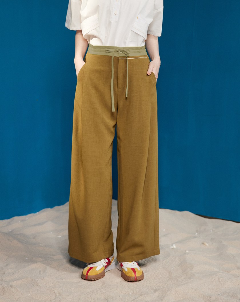 仿麻配色腰頭側打折寬褲(兩色)