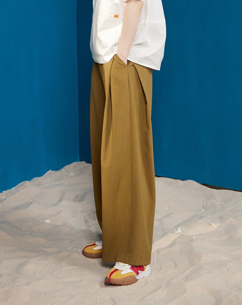 仿麻配色腰頭側打折寬褲(兩色)
