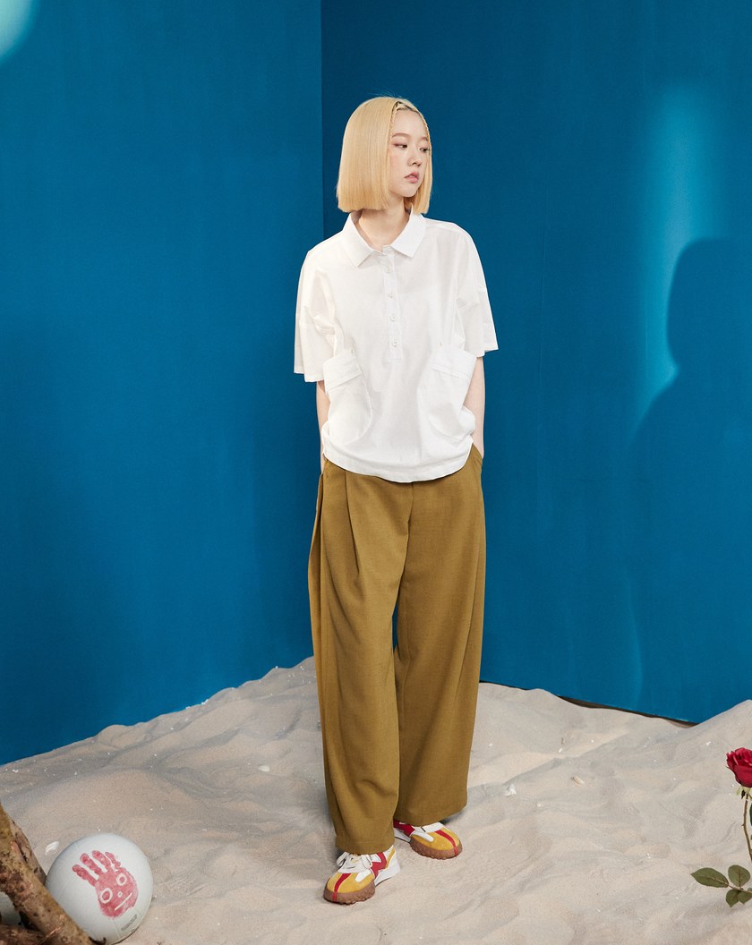 仿麻配色腰頭側打折寬褲(兩色)