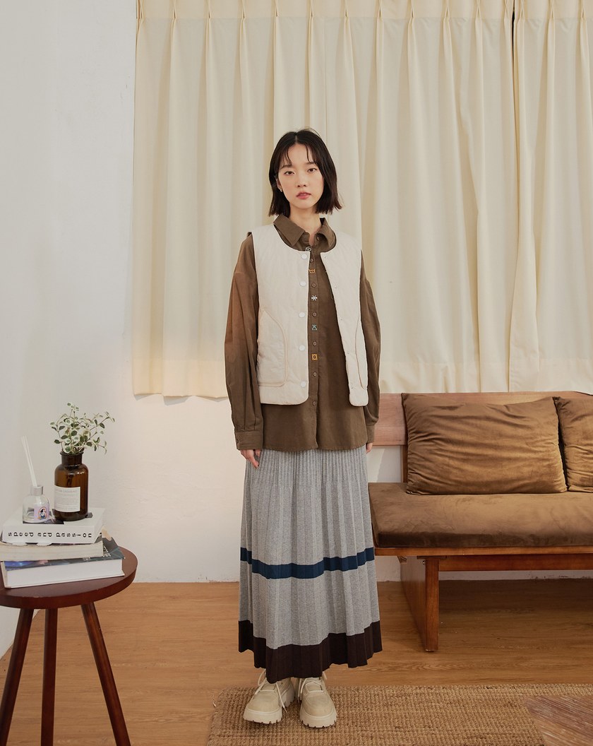 配色條紋百褶毛衣裙(兩色)