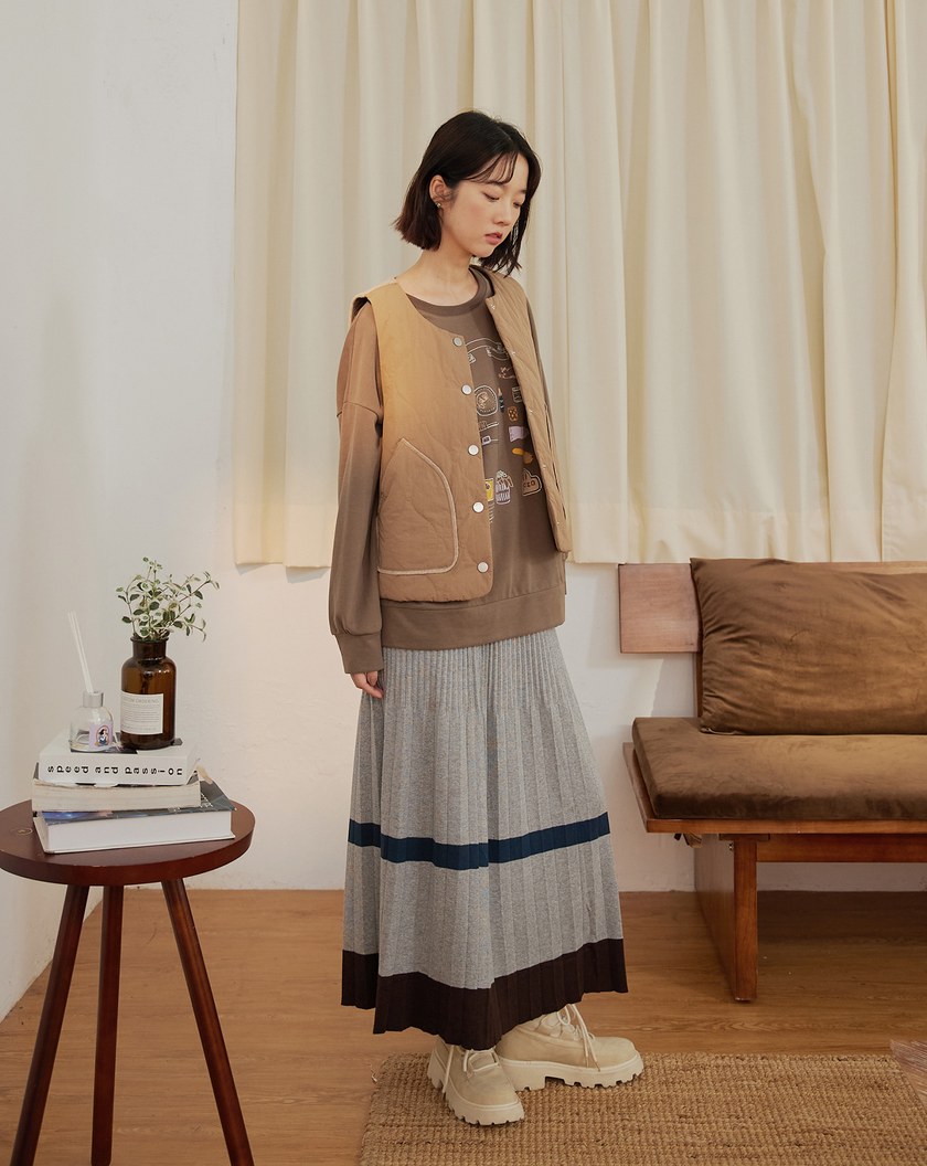 配色條紋百褶毛衣裙(兩色)