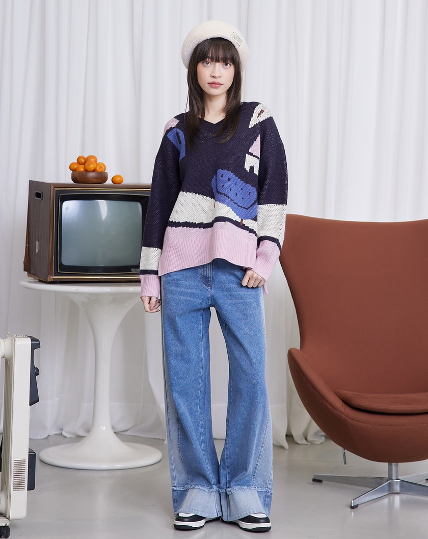 居家女孩與貓緹花毛衣(兩色)