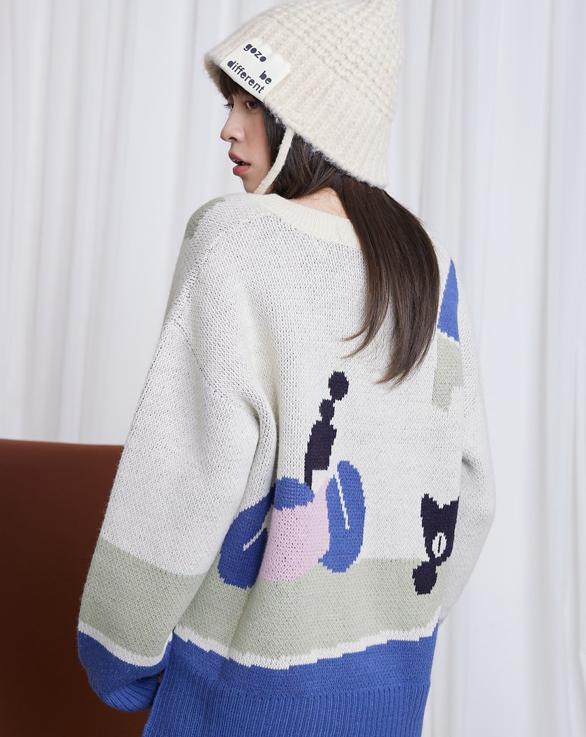 居家女孩與貓緹花毛衣(兩色)