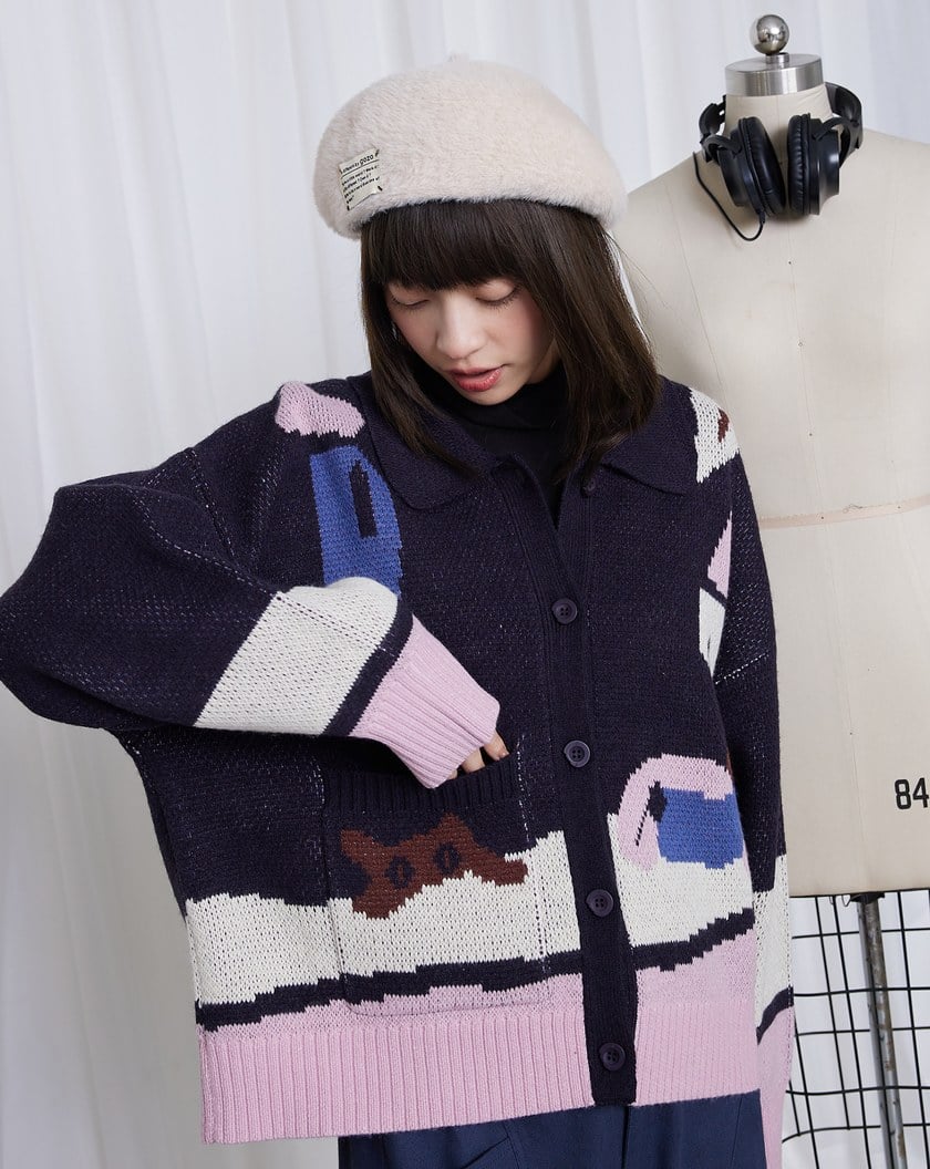 居家女孩與貓翻領開襟毛衣外套(兩色)