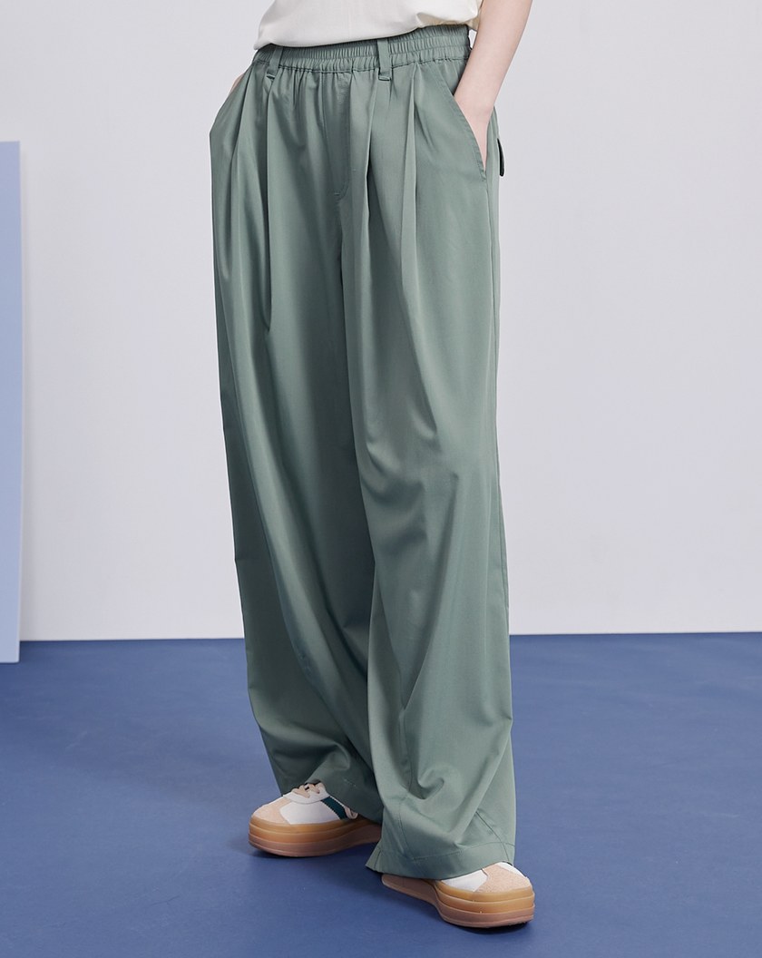垂感打褶鬆緊涼感西裝褲(兩色)