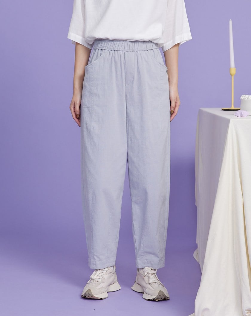 仿麻剪接鬆緊廓形褲(兩色)