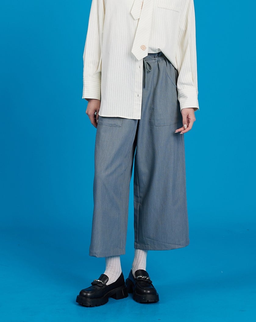 柔軟荷葉腰頭抽繩9分寬褲(兩色)