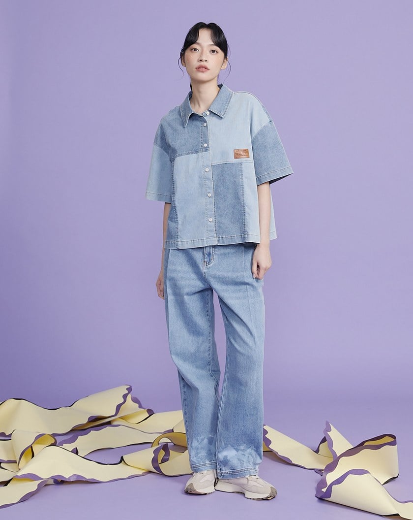 渲染刷色彈性打褶直筒牛仔褲(兩色)