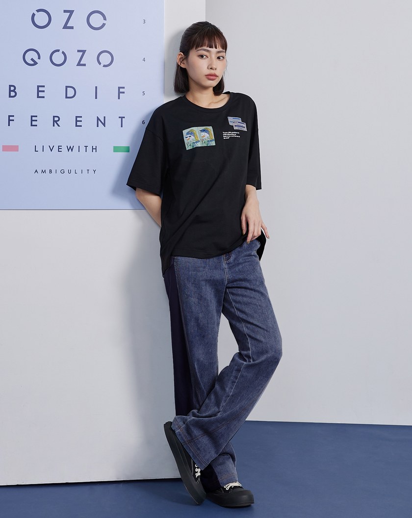 牛仔拼接針織顯瘦寬褲(兩色)