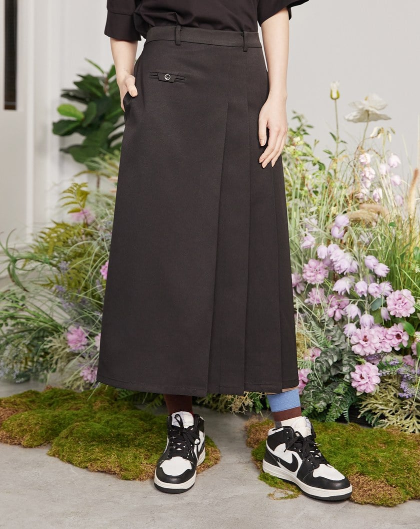➤不對稱修身百褶長裙(兩色)
