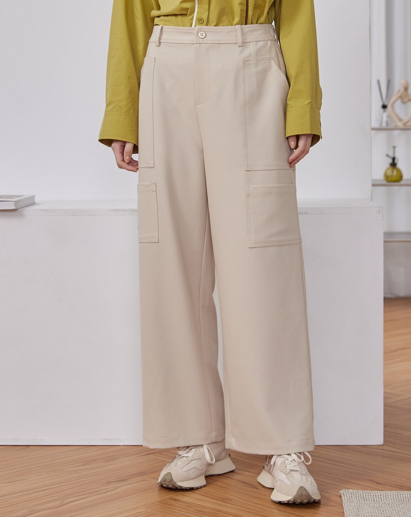 彈性口袋直筒工裝褲(兩色)