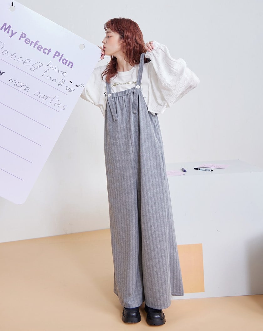 條紋鬆緊針織直筒吊帶褲(兩色)