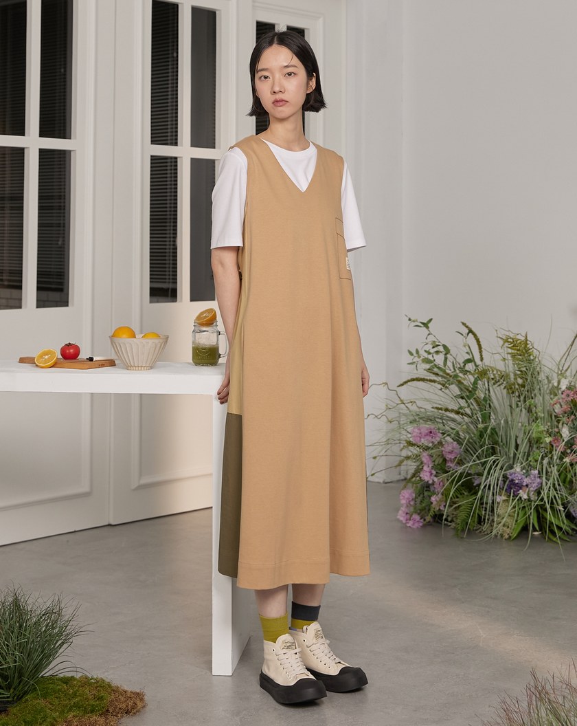 織標異材質拼接綁帶背心洋裝(兩色)