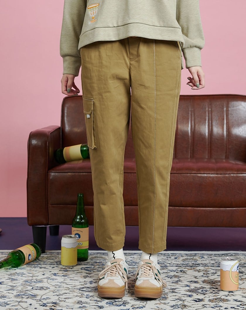 配色壓線鬆緊口袋工裝褲(兩色)