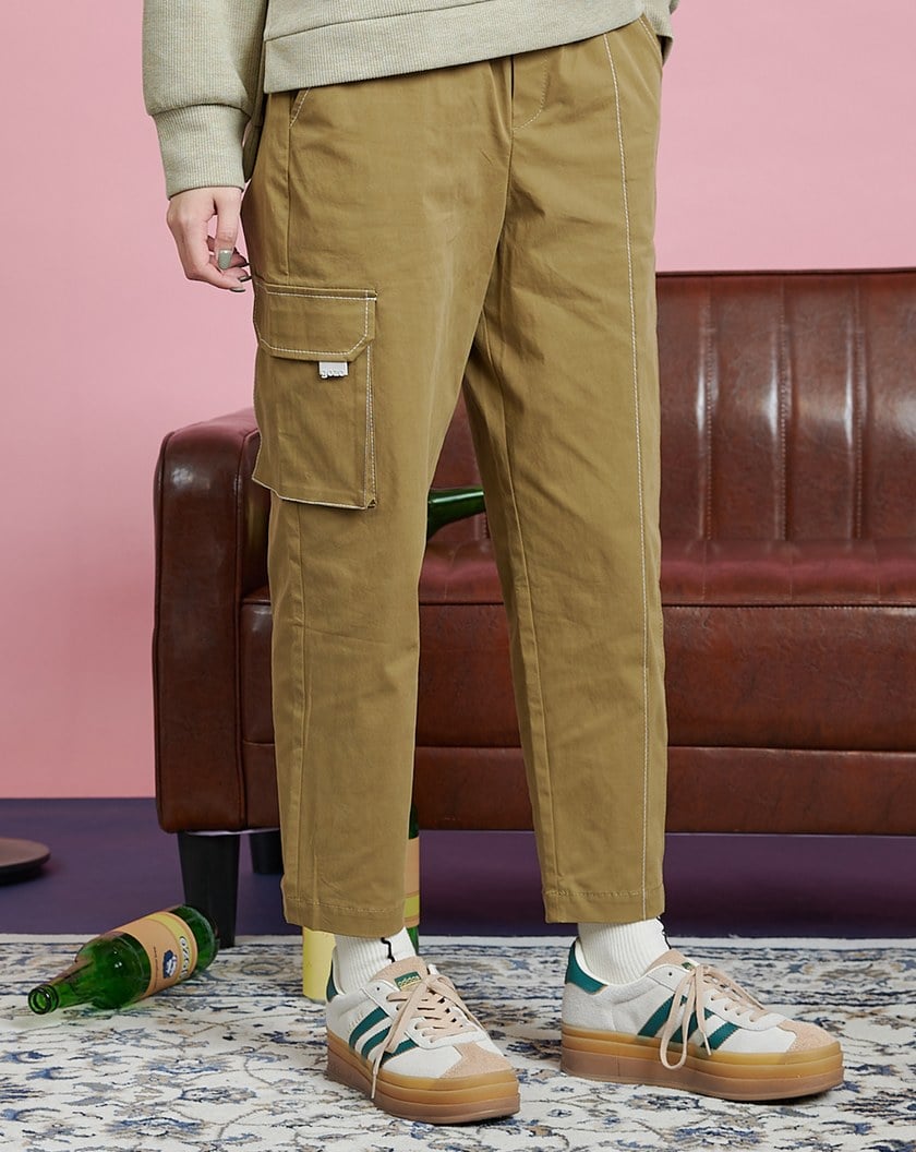 配色壓線鬆緊口袋工裝褲(兩色)