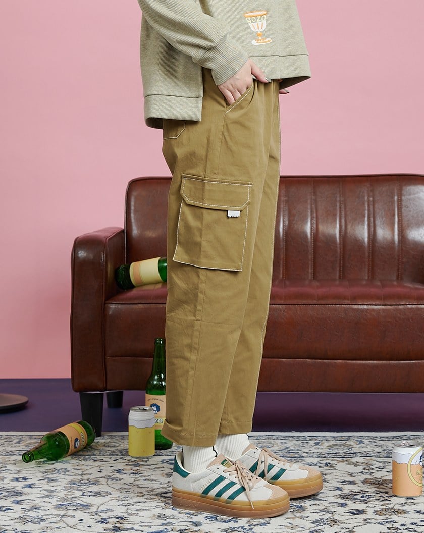 配色壓線鬆緊口袋工裝褲(兩色)