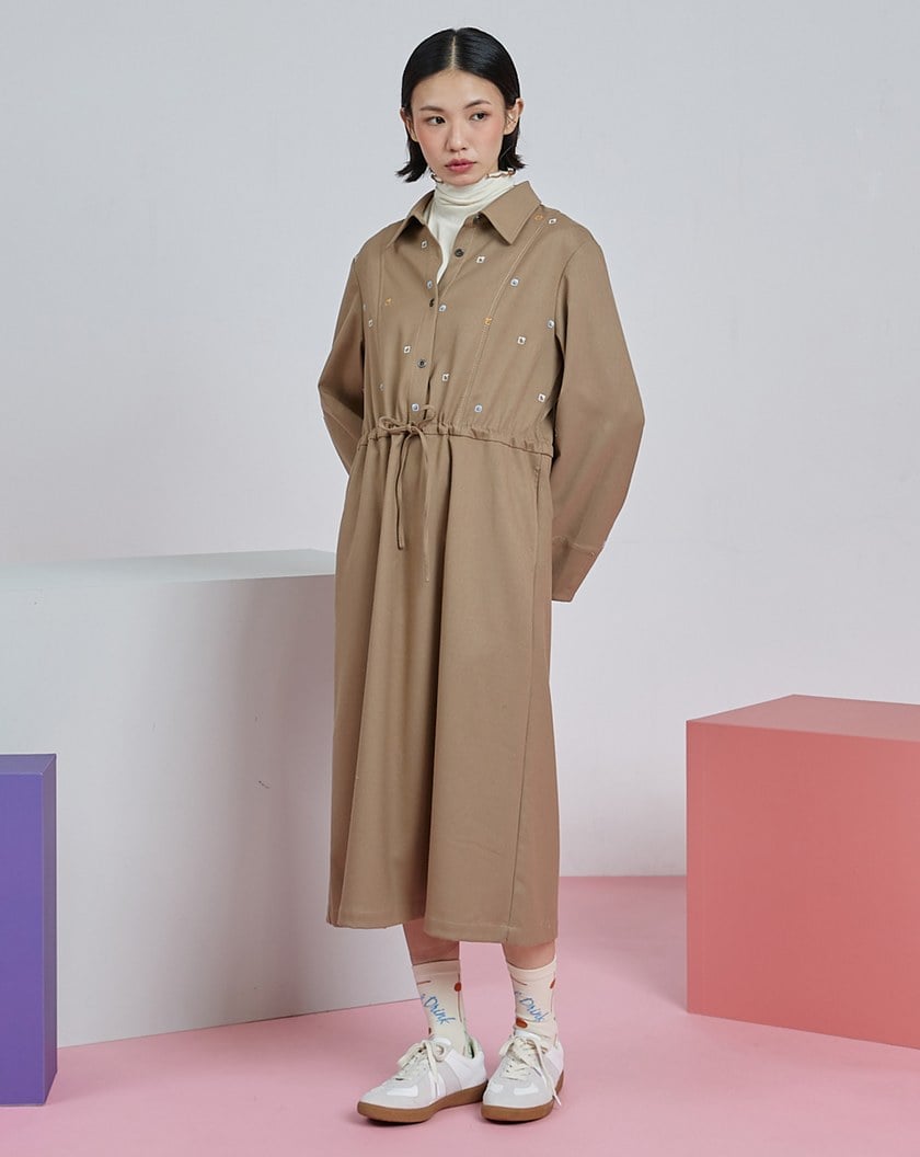 gozo幾何繡花澎袖綁帶長袖洋裝(兩色)