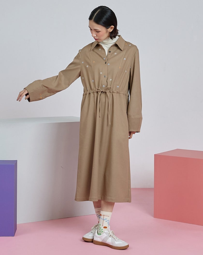 gozo幾何繡花澎袖綁帶長袖洋裝(兩色)