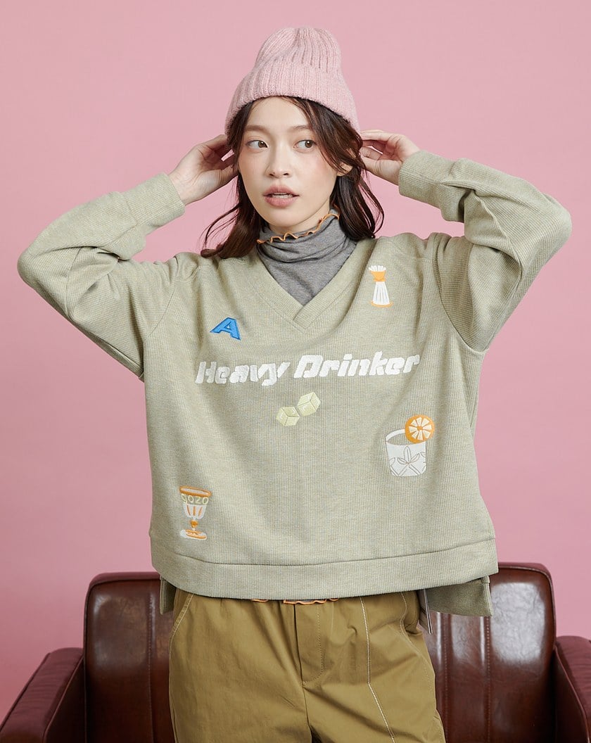 酒鬼標語V領坑條大學T(兩色)