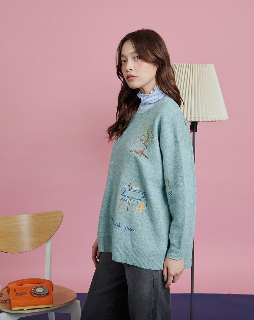 ➤古人漫步毛線繡圓領毛衣(兩色)