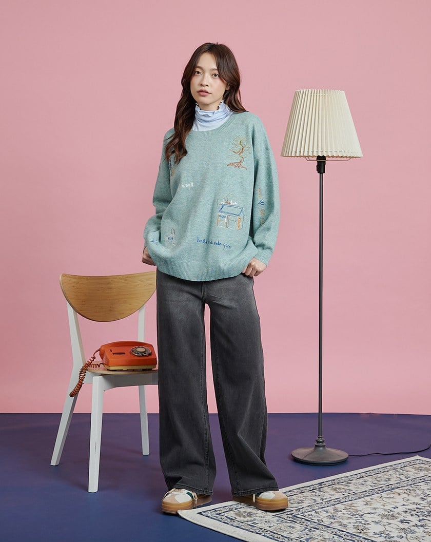 ➤古人漫步毛線繡圓領毛衣(兩色)