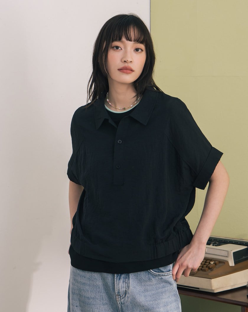 ➤反折袖鬆緊下擺拼色半開襟上衣(兩色)