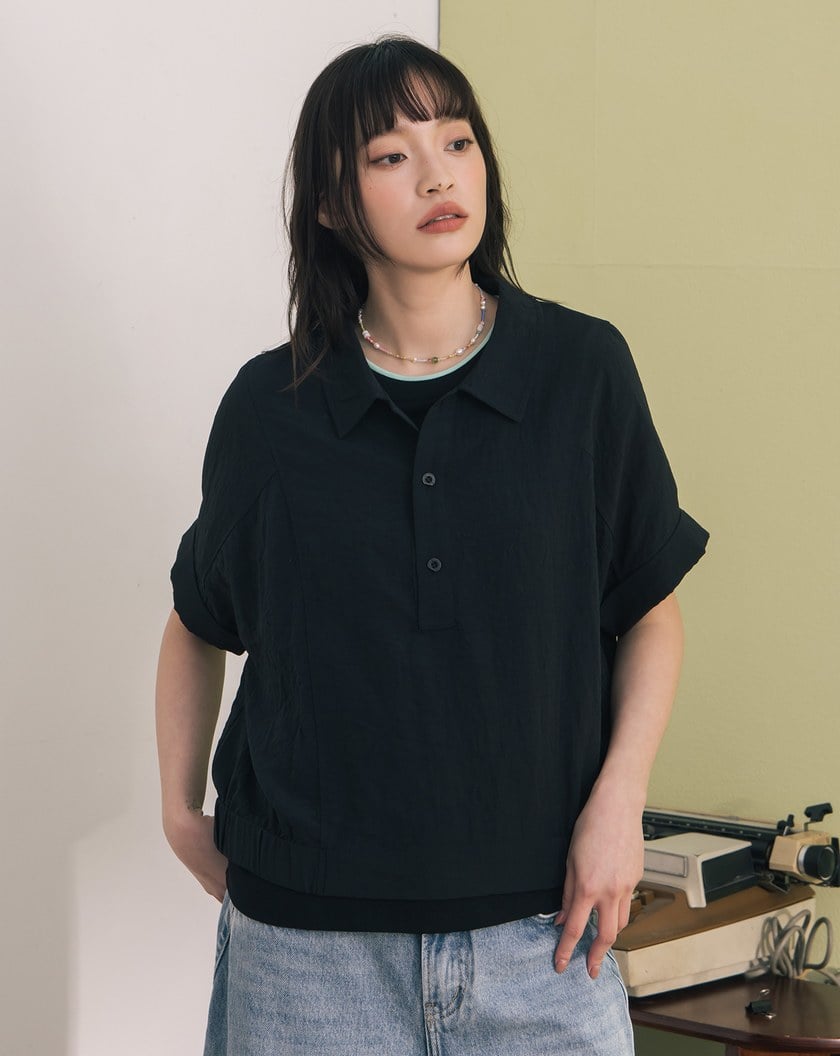 ➤反折袖鬆緊下擺拼色半開襟上衣(兩色)