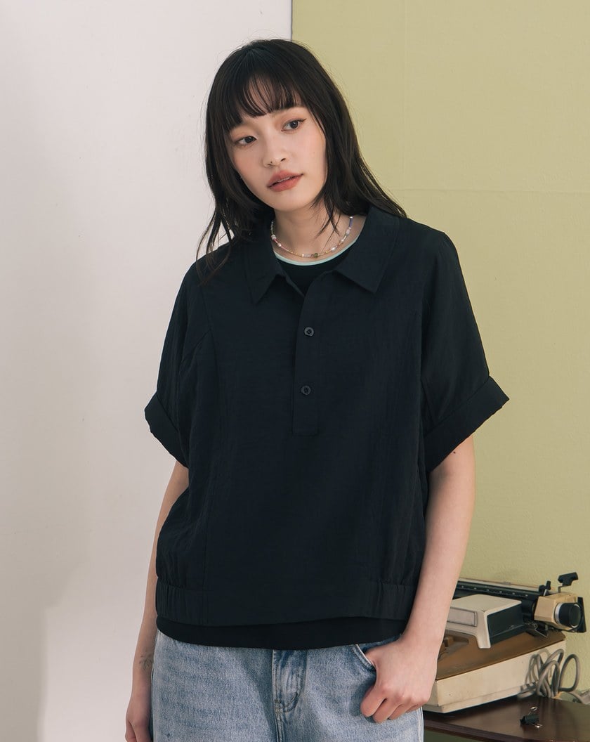 ➤反折袖鬆緊下擺拼色半開襟上衣(兩色)