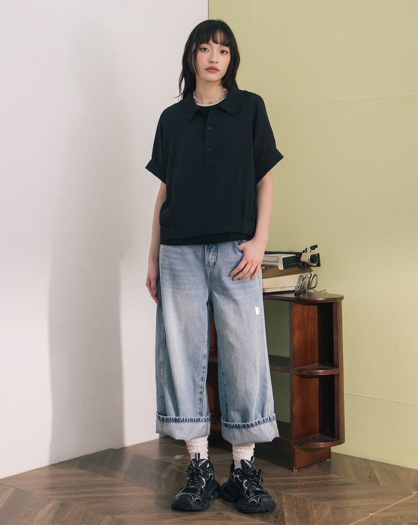 ➤反折袖鬆緊下擺拼色半開襟上衣(兩色)