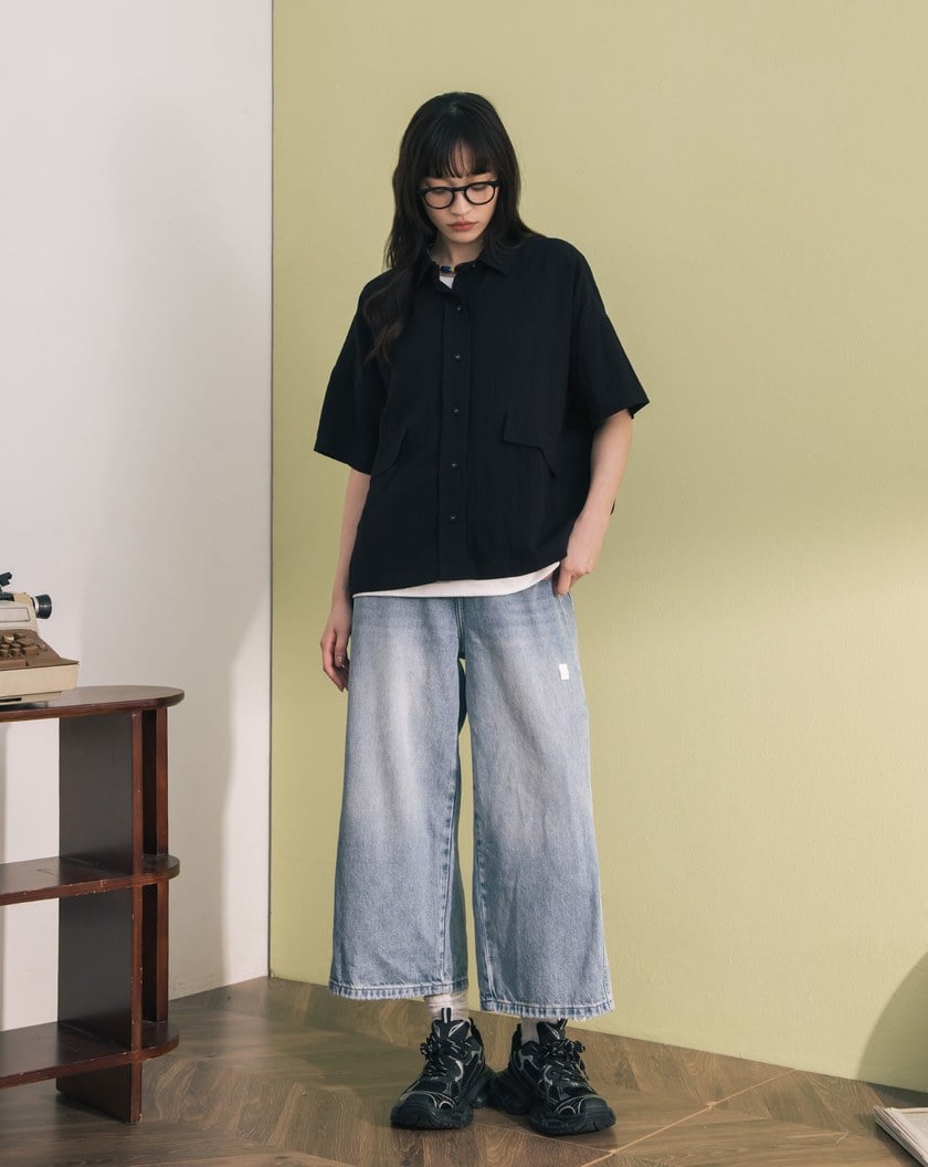 ➤造型口袋廓型短袖襯衫(兩色)