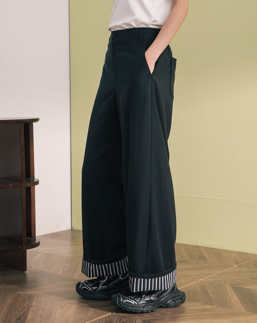 ➤抗皺條紋拼接反褶直筒寬褲(兩色)