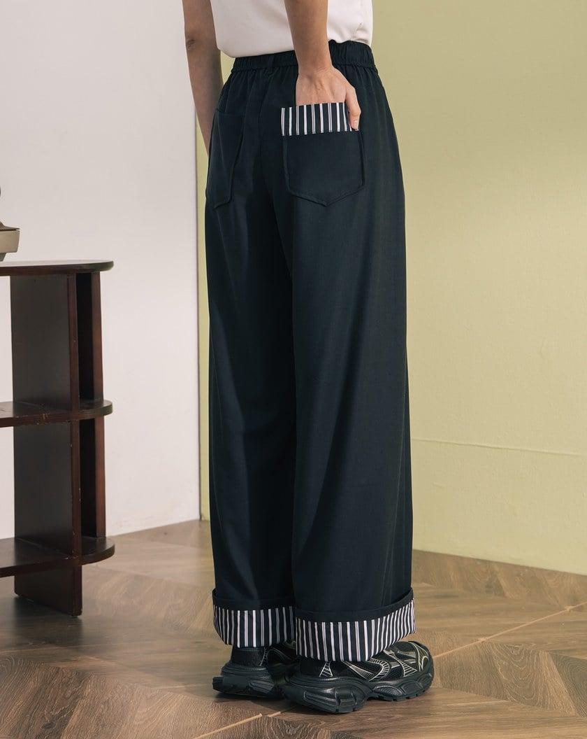 ➤抗皺條紋拼接反褶直筒寬褲(兩色)