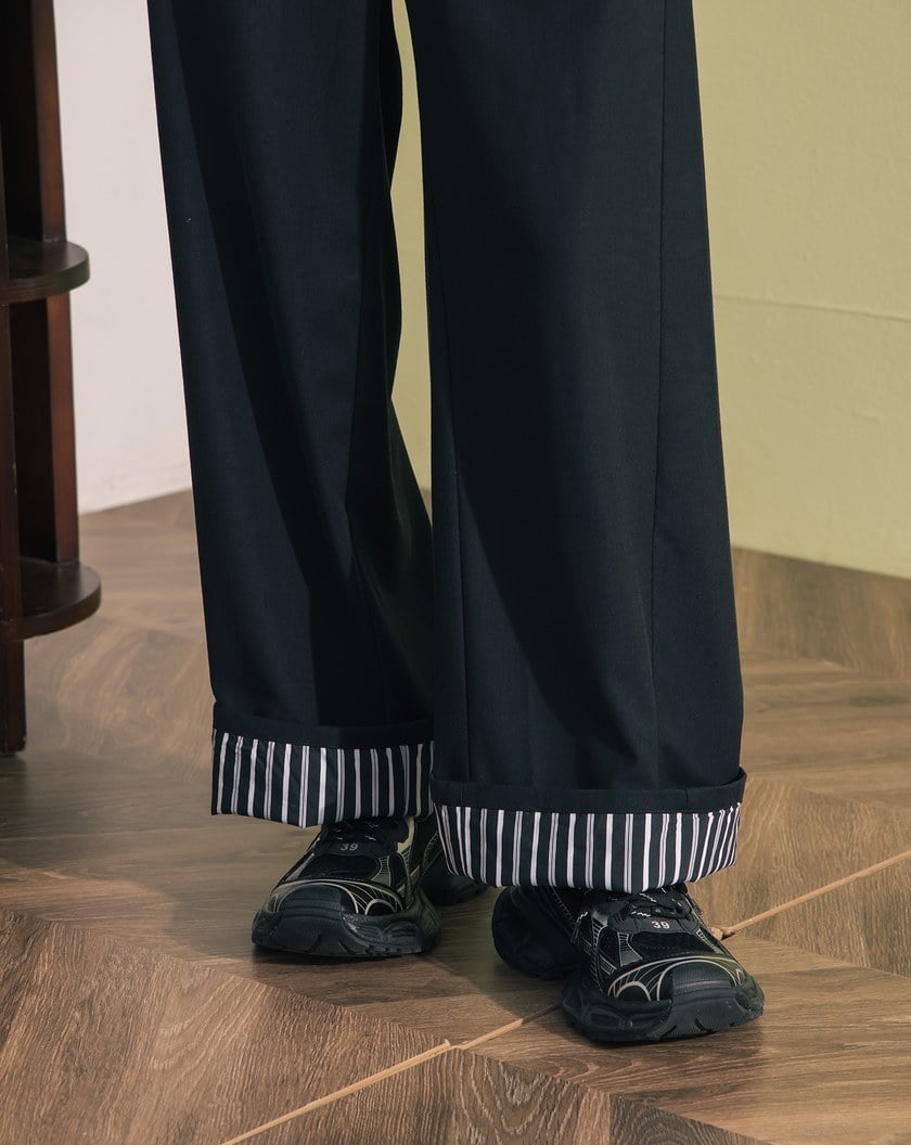 ➤抗皺條紋拼接反褶直筒寬褲(兩色)