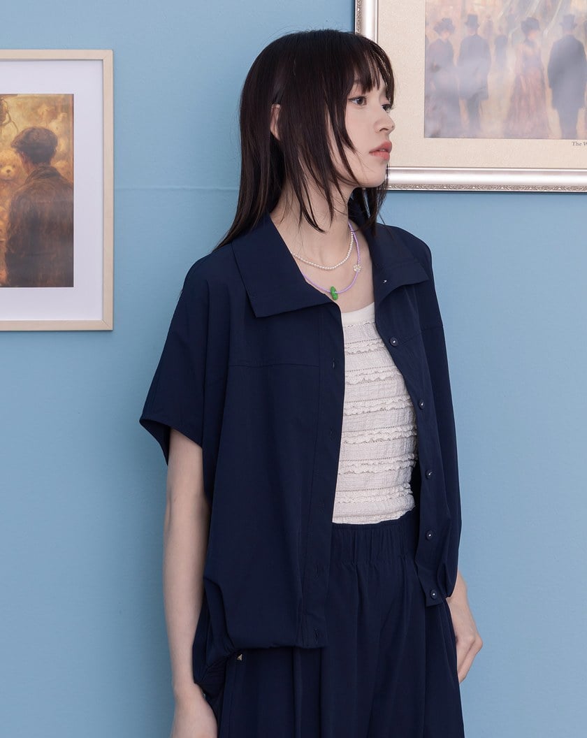 抗UV抗皺下擺抽皺涼感連袖襯衫(兩色)