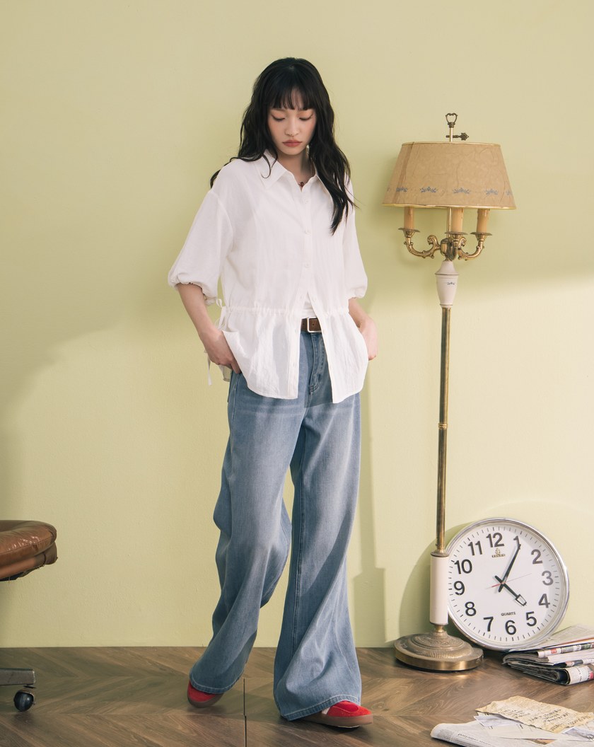 鬆緊拋袖可調節收腰造型襯衫(兩色)