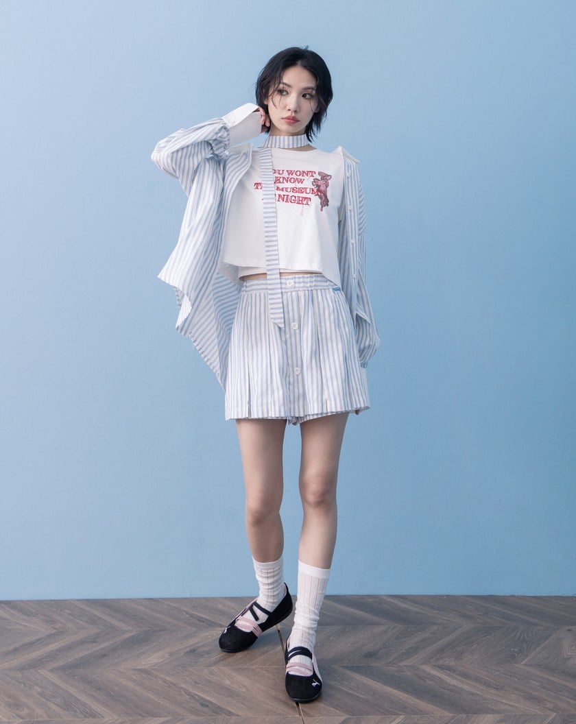 A｜提花條紋配色襯衫附領巾(兩色)