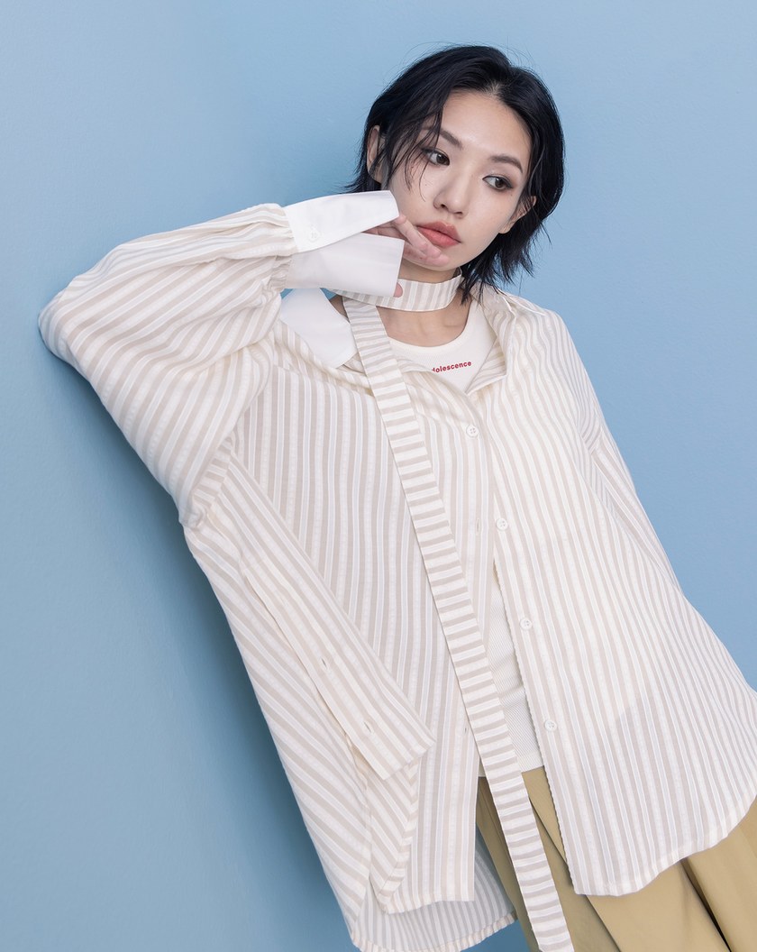 A｜提花條紋配色襯衫附領巾(兩色)