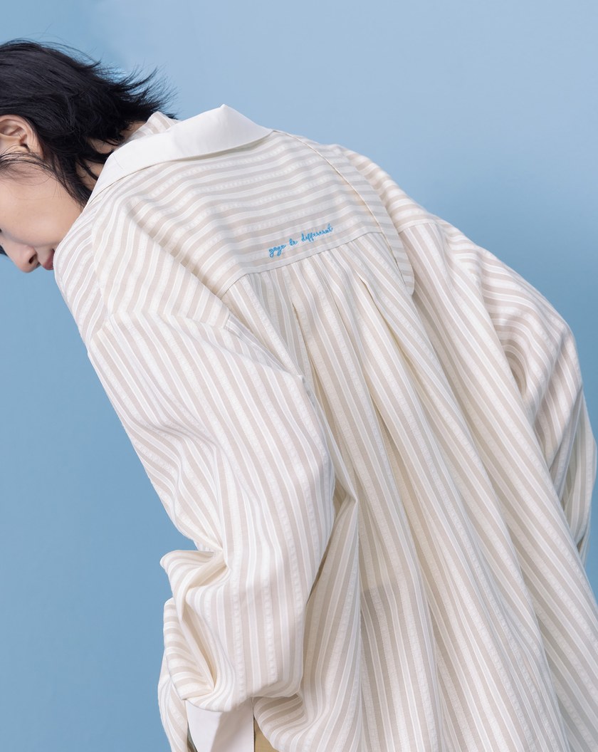 A｜提花條紋配色襯衫附領巾(兩色)