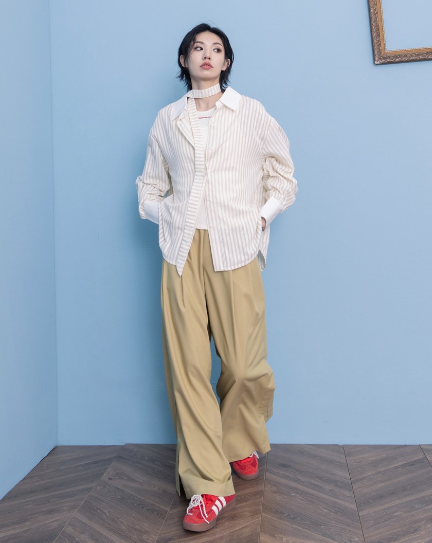 A｜提花條紋配色襯衫附領巾(兩色)