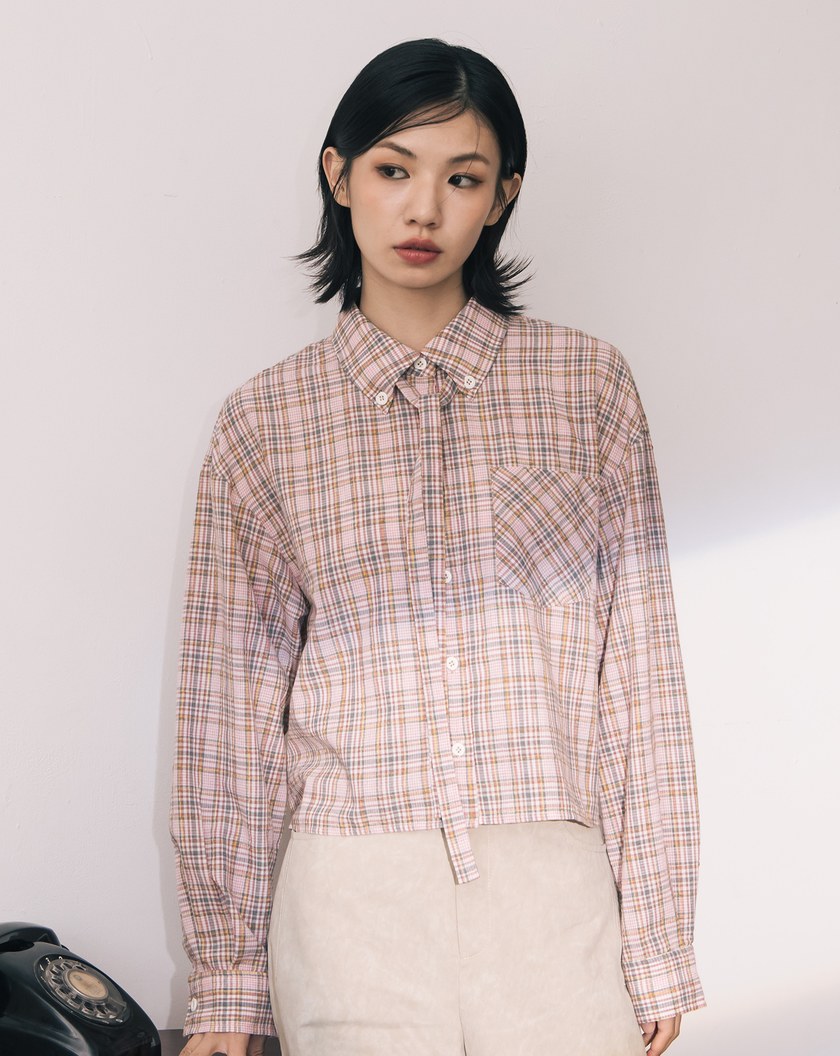 A|復古提織格紋短版襯衫附造型織帶(兩色)