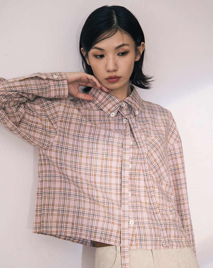 A|復古提織格紋短版襯衫附造型織帶(兩色)