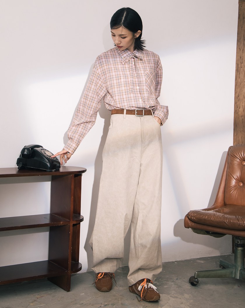 A|復古提織格紋短版襯衫附造型織帶(兩色)