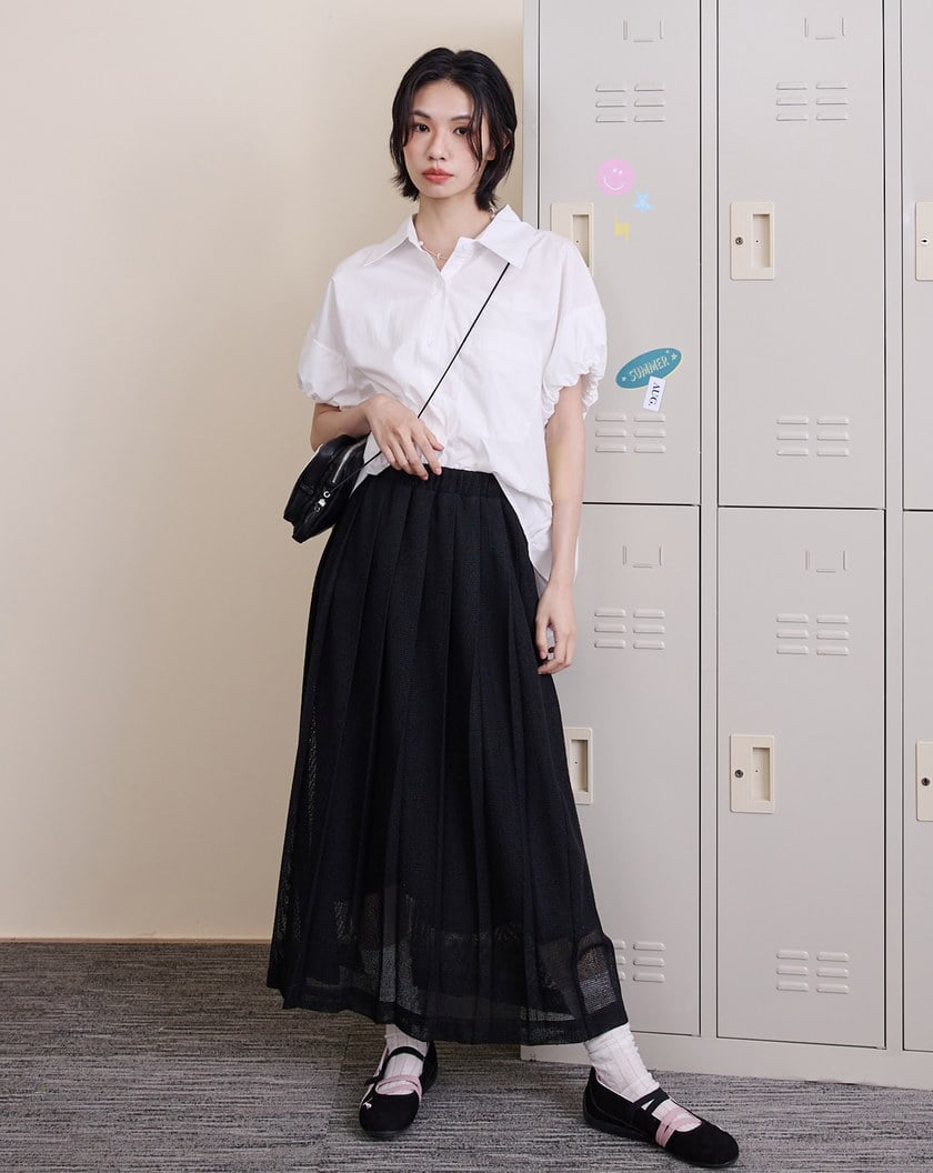 ➤網紗微透感鬆緊百褶裙(兩色)