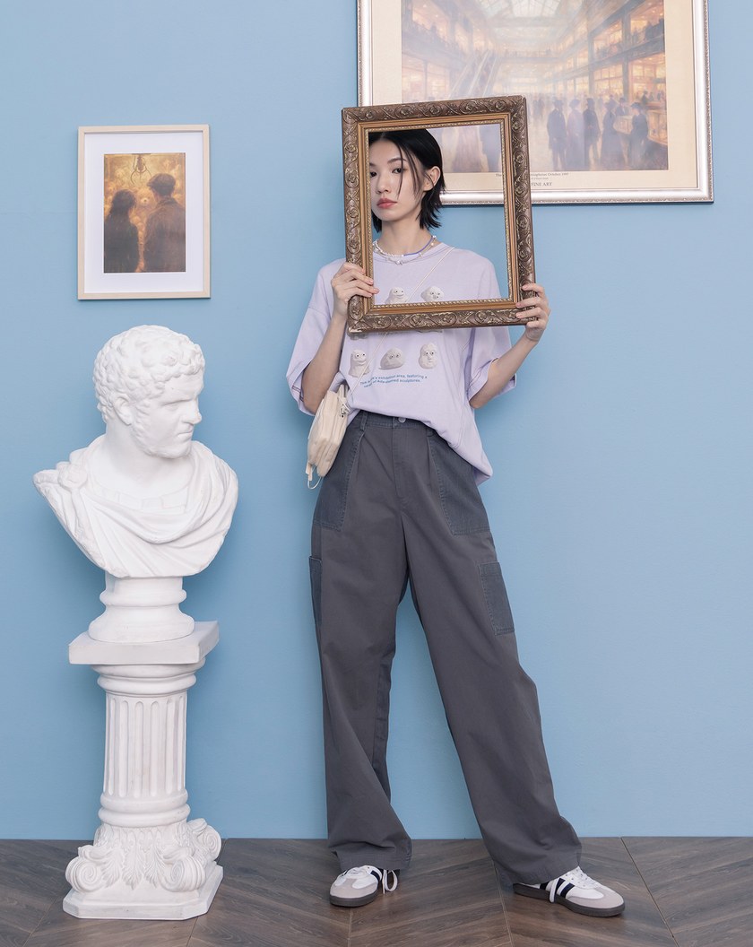 水洗拼接純棉直筒工作褲(兩色)