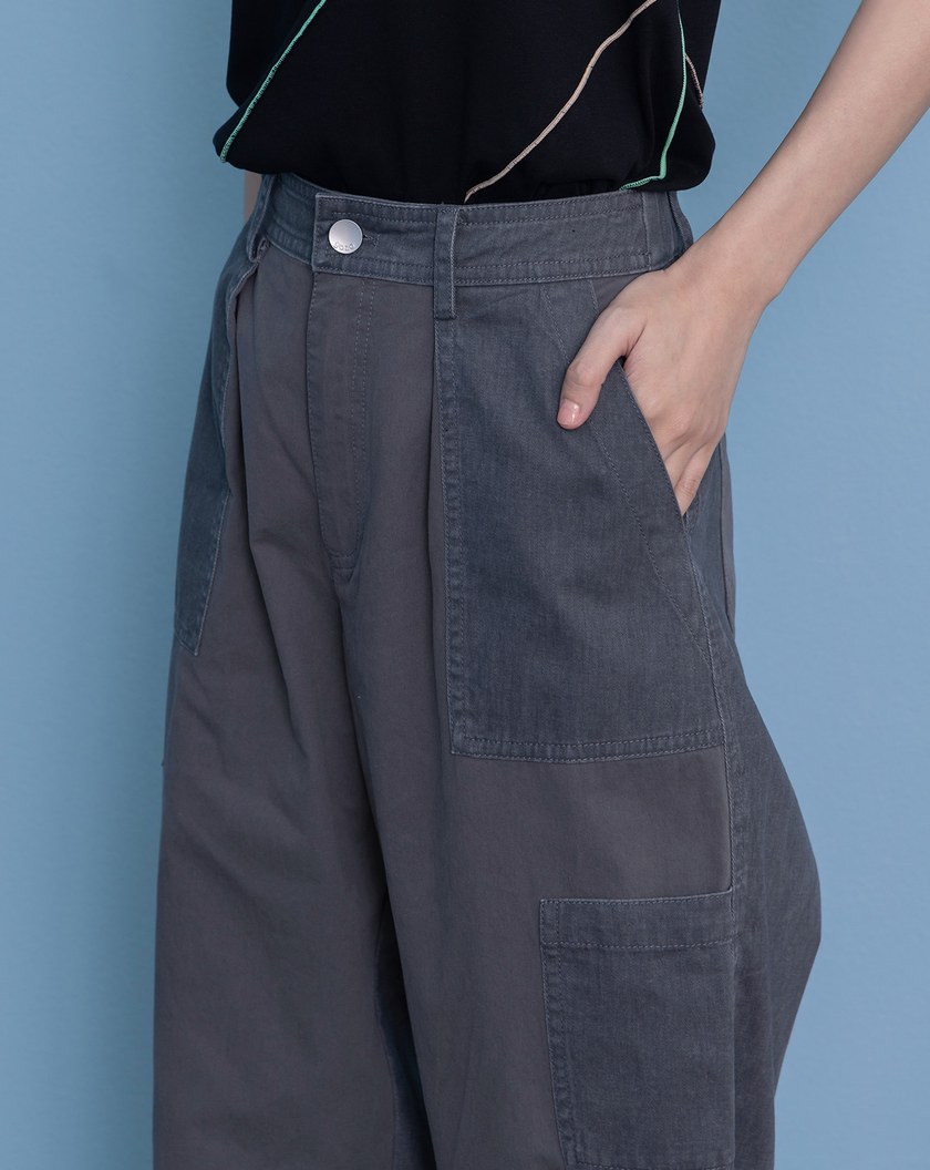 水洗拼接純棉直筒工作褲(兩色)