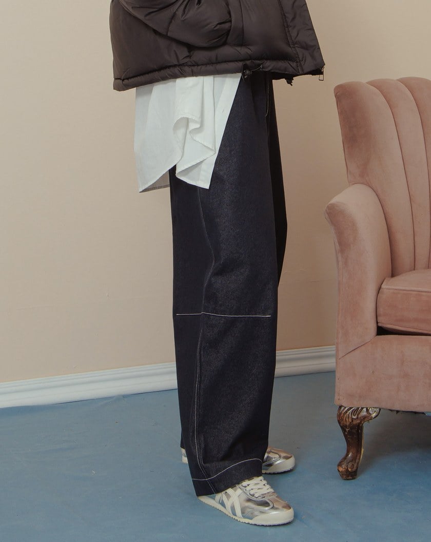 配色造型壓線仿牛仔男友褲(三色)