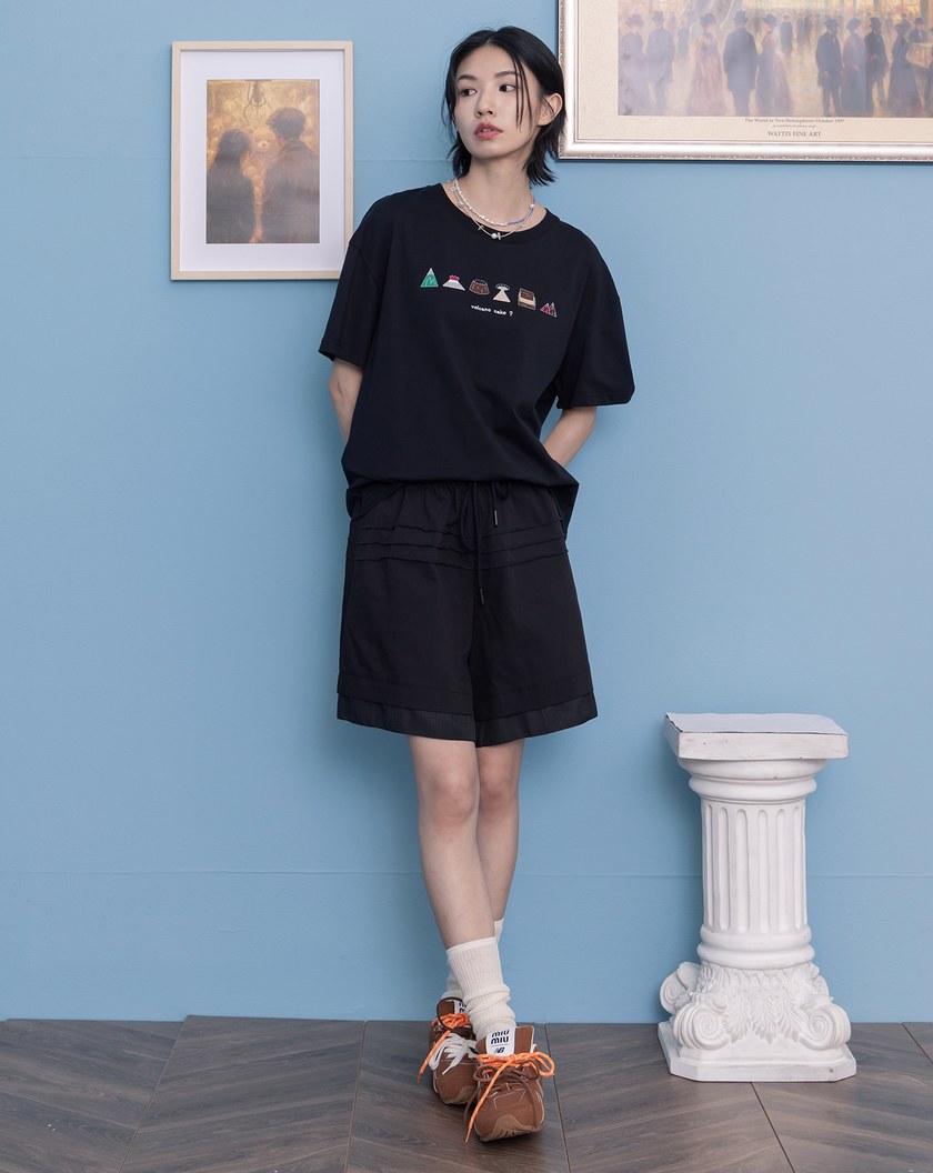 顯瘦異材質假兩層抽繩五分褲(兩色)