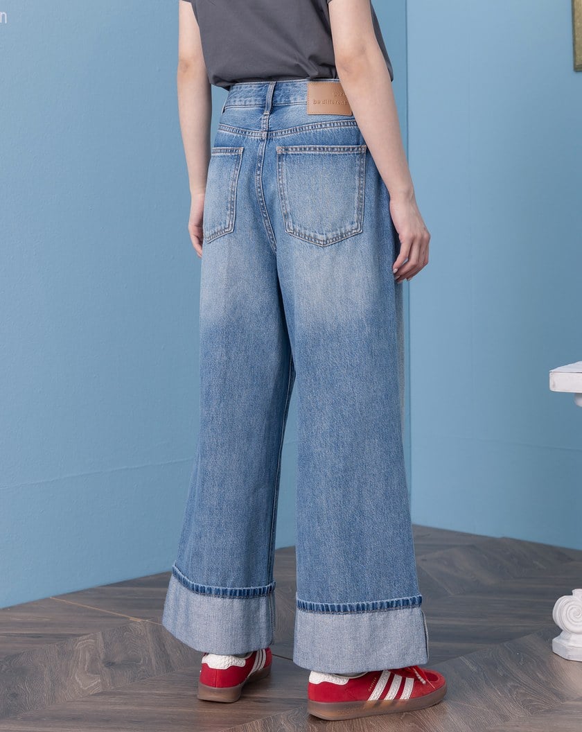 豹紋布標反折九分牛仔寬褲(兩色)