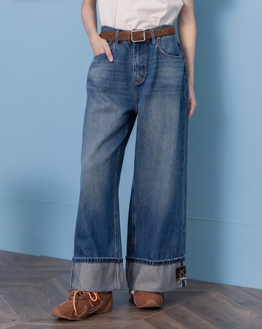 豹紋布標反折九分牛仔寬褲(兩色)