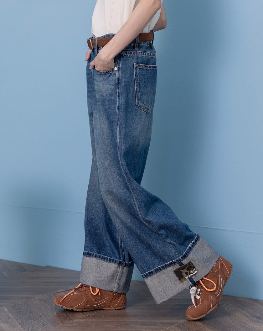 豹紋布標反折九分牛仔寬褲(兩色)